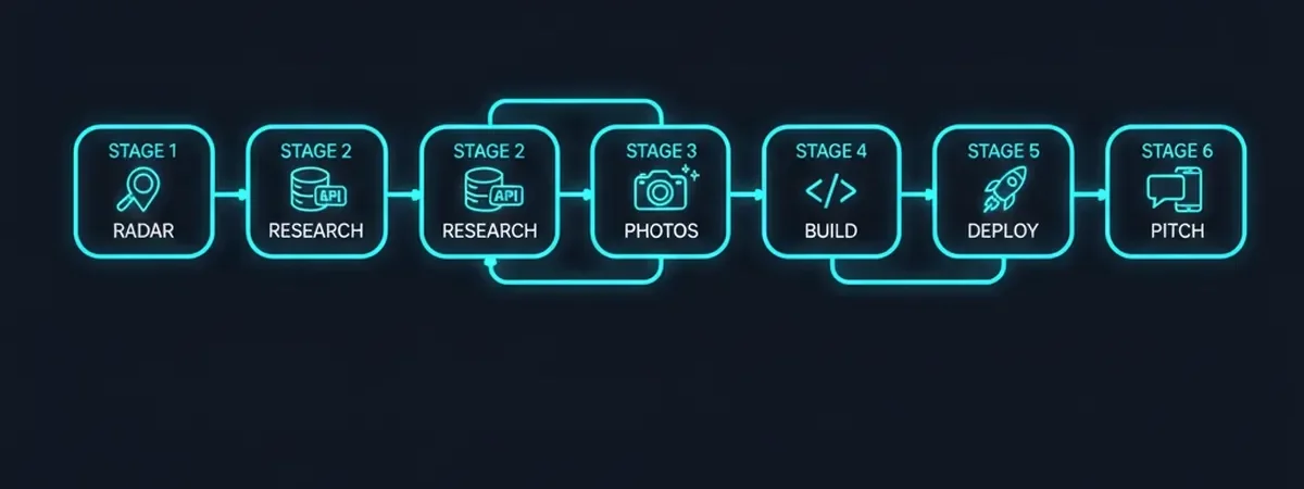 Pipeline WebFactory: 6 fases desde Radar hasta Pitch