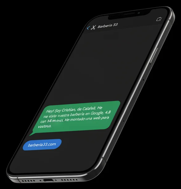 Mockup de WhatsApp: mensaje de pitch a Barbería Calafell con enlace a la web